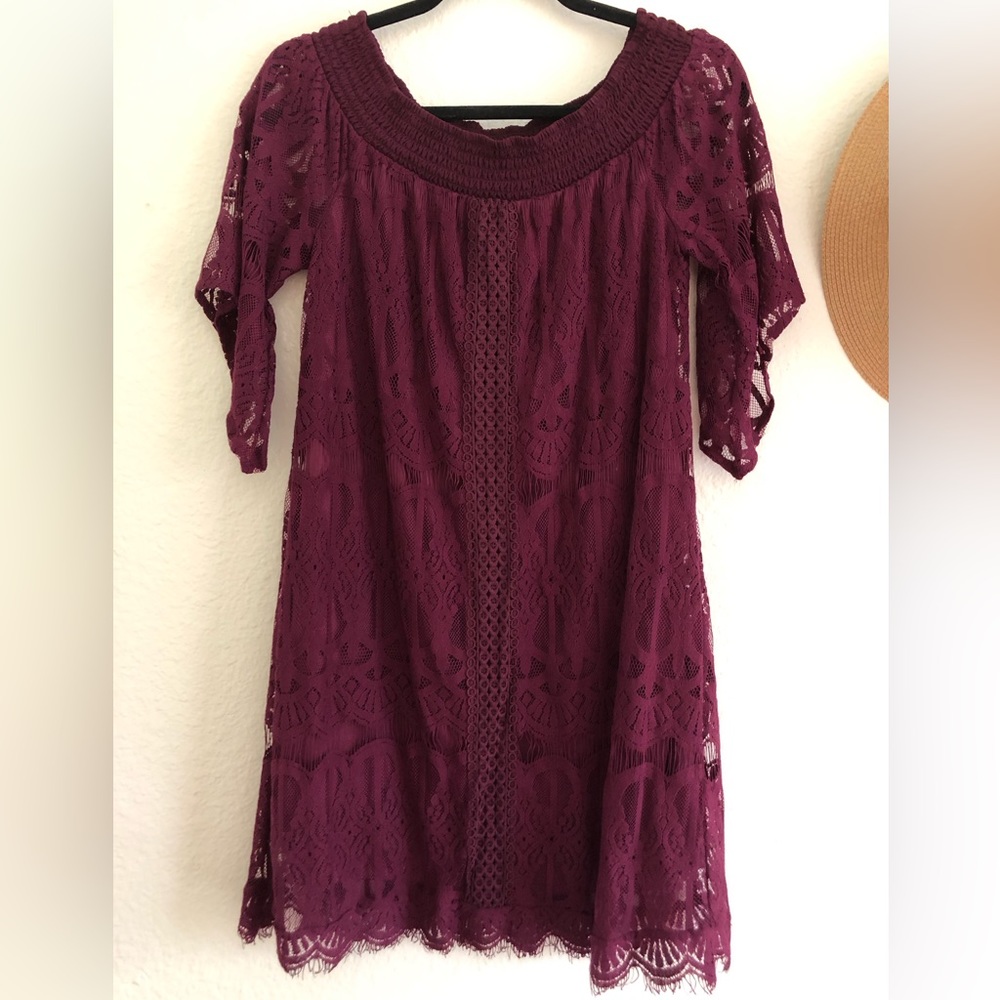Trixxie Burgundy Mini Dress with Lining & Lace Overlay, Size L (10/12)